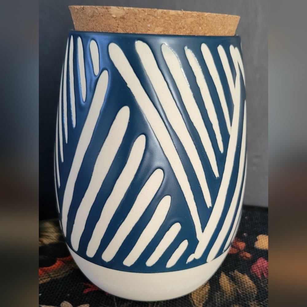Blue and Cream Ceramic Canisters With Cork Lids New